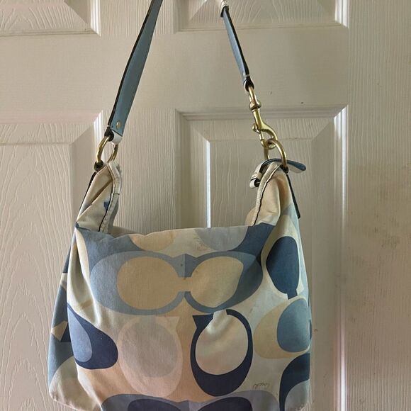Coach Signature Nylon Blue Scarf Print Hobo Bag 11734 Leather strap and trim. - Picture 4 of 16